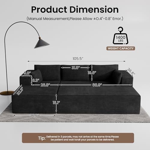 GRUSIGN 106" Oversized Sectional Boneless Sleeper Sofa Bed Couches for Living Room, Modular L Shaped Couch with Left Facing Chaise & Big Ottoman, Compressed Spineless Corduroy Cloud Sofas, Black