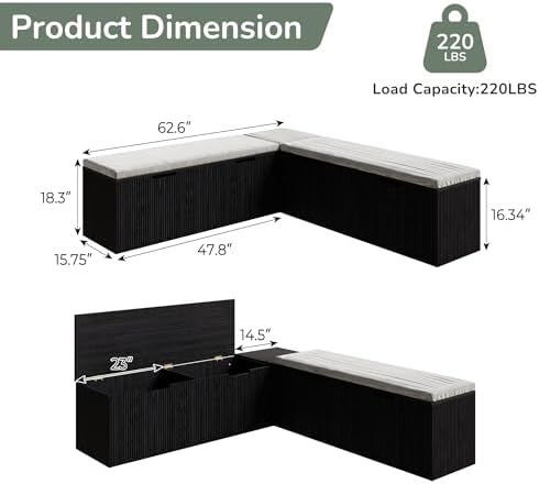 Bobve L-Shape Storage Bench with Cushion, Backless Corner Dining Bench, Kitchen Dining Nook Bench with Hidden Storage for Dining Room, Kitchen, Entryway (Black)
