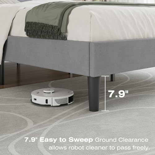 VECELO Full Size Bed Frame with Upholstered Headboard, Light Grey