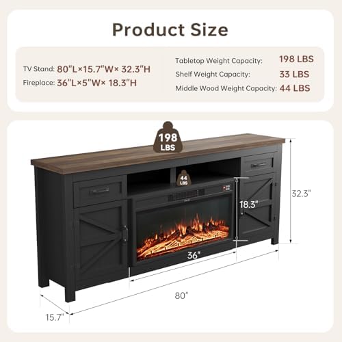 Fireplace TV Stand with Barn Door, 80 inch,Modern Black