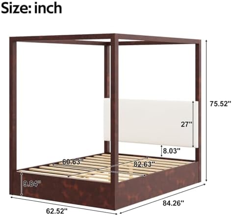 Queen Size Canopy Bed with Upholstered Headboard (Espresso)