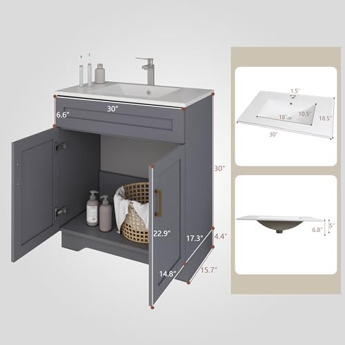 Bathroom 30" Vanity with Ceramic Sink, Wooden Double Door Bathroom Storage Cabinet, Freestanding Cabinet Vanity with Sink (Paint, Grey,30")
