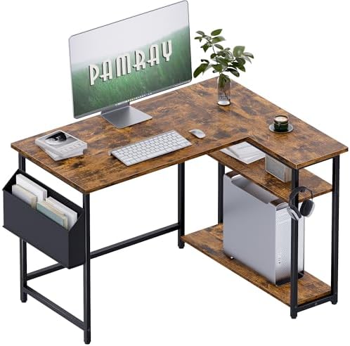 Pamray 40 Inch L Shaped Computer Desk with Reversible Side Storage Shelves, Small Corner Desk for Small Space Home Office, Writing Study Table PC Desk for Bedroom, Vintage