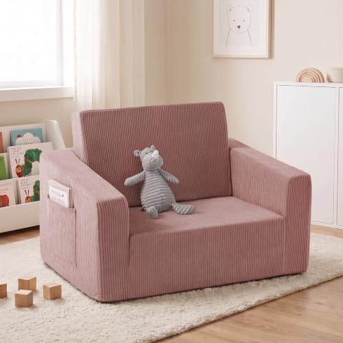 2-in-1 Kids Chair and Couch, Larger Cozy Corduroy Kids Sofa, Pink