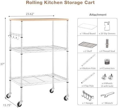 BolDuck 450Lbs Capacity Microwave Cart with Wheels, 3 Tier Rolling Cart with Adjustable Shelves, Multifunctional Metal Utility Storage Kitchen Carts on Wheels, 23.6" L*15.7" W*37" H, Wood+Chrome