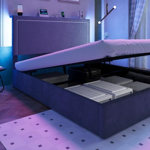 Allewie Full Lift Up Storage Bed Frame with Charging Station, Grey
