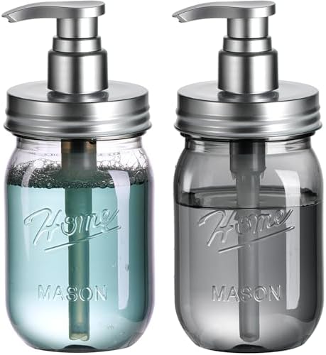 Amolliar Plastic Mason Jar Soap Dispenser with Pump Lid 16OZ -2 Pack Silver