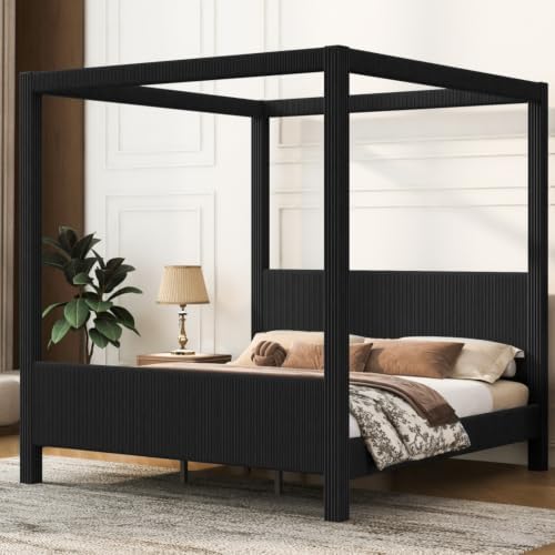 King Size Canopy Bed with Upholstered Headboard & Footboard, Black