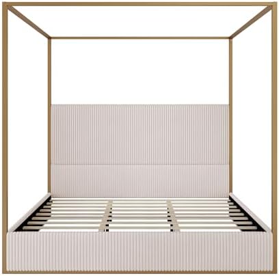 Merax Luxury King Metal Canopy Bed with Tall Upholstered Headboard, Beige