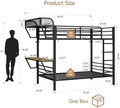 ONBRILL Bunk Bed Twin Over Twin, Metal Bunk Beds with Desk & Outlet, Black