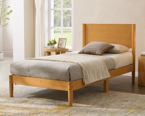 AMERLIFE Solid Wood Twin Bed Frame, Mid Century Bed with Headboard, Natural