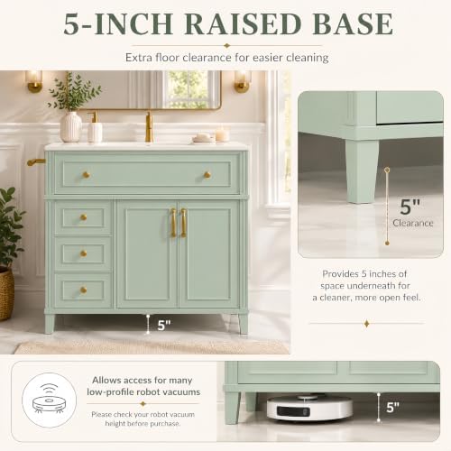 YOPTO 36" Bathroom Vanity with Sink, Freestanding Bathroom Cabinet | Ceramic Top & Backsplash, 3 Storage Drawers, 1 Tilt-Out Storage, Adjustable Shelving, Door Storage and Towel Bar, Sage Green