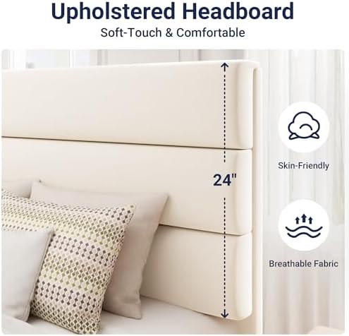 Allewie Twin Size Platform Bed Frame with Fabric Upholstered Headboard and Wooden Slats Support, Fully Upholstered Mattress Foundation/No Box Spring Needed/Easy Assembly, Cream