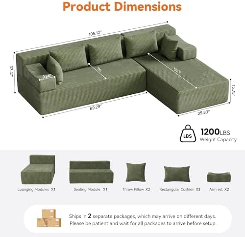 MONVANE 106" L-Shaped Modular Sectional Sofa, Green