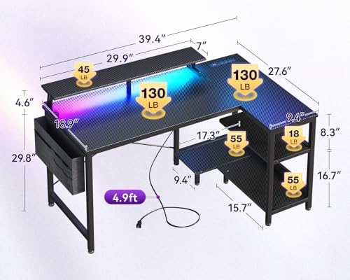 ODK 40 Inch L Shaped Gaming Desk with LED Lights, Power Outlets, Black