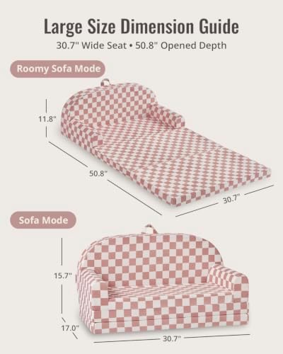 Blissful Diary Foldable Kids Couch, Extra Wide Kids Sofa Chair, Blush Check