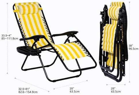 Nazhura Set of 2 Relaxing Recliners Patio Chairs Adjustable Steel Mesh Zero Gravity Lounge Chair Beach Chairs with Pillow and Cup Holder (Yellow Stripe)