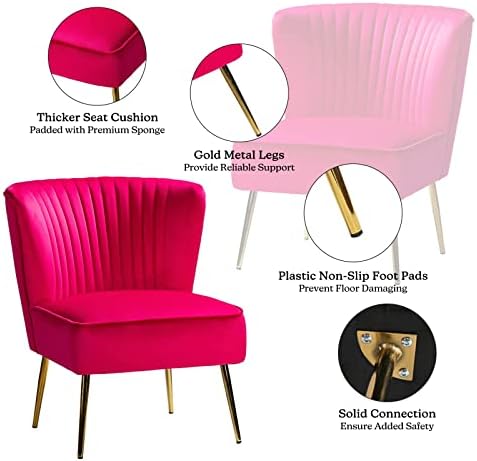 HULALA HOME Velvet Accent Chair, Modern Upholstered Cute Side Chair with Gold Metal Legs, Armless Wingback Slipper Chair Comfy Living Room Chair for Bedroom Guest Room Vanity,Fuchsia