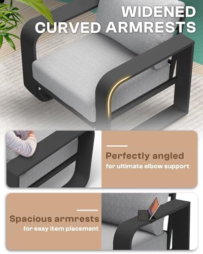 Aluminum Outdoor Sofa Bistro Set, Oversized Patio Conversation Sets Widened Armrest & Ultra-Thick Cushions, Deep Seating Patio Furniture Set for Backyard, Porch, Gray
