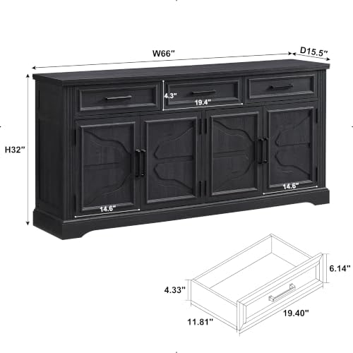 JXQTLINGMU 66" Farmhouse Buffet Cabinet with Storage, Sideboard Credenza, Carved Cloud-Inspired Doors, 3 Drawers & Adjustable Shelves, Coffee Bar Cabinet, Black
