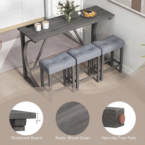 COSTWAY 4-Piece Farmhouse Bar Table Set with Power Outlet