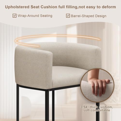 26" H Counter Height Bar Stools Set of 3, Modern Barrel Counter Stools with Backrest and Arms, Linen Fabric Upholstered Accent Barstools for Kitchen Island, Support 450 LBS, Beige