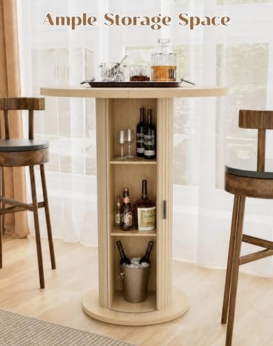Bar Table with Storage and Sliding Door, 39.4” H 31.5” W Small Round Kitchen Table, Home Bar High Top Cocktail Table for Kitchen, Coffee Bar, Living Room, Oak