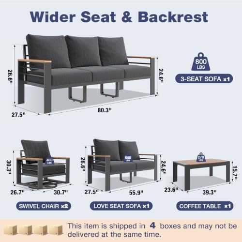 Aoxun Aluminum Patio Furniture Set 7 Seats with Swivel Chair, Oversized Outdoor Sectional with Washable Thick Cushions, Coffee Table, Patio Conversation Sets for Porch, Balcony, Deck,Dark Gray