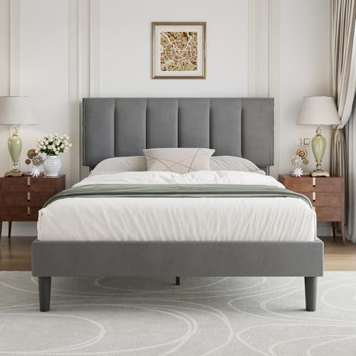 VECELO Queen Size Bed Frame with Upholstered Headboard, Dark Grey