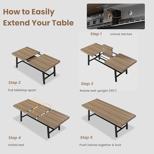 GarveeHome 63-83" Extendable Dining Table, Industrial Rectangular Dining Room Table for 6-8 People, Expandable Kitchen Table with Heavy Duty Metal Frame for Dining Room, Kitchen & Parties, Rustic Pear