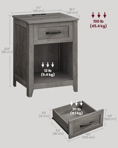 VASAGLE Farmhouse Nightstand with Charging Station, 1 Drawer