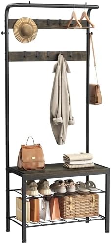 NEWBULIG Coat Rack, Hall Tree with Shoe Bench, 4-in-1 Entryway Organizer with 10 Hooks and Storage Shelf, Rustic Wood Entryway Bench for Mudroom, Living Room, Bedroom, Grey