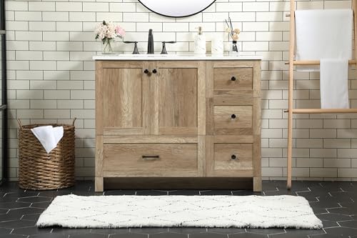 42" Pre-Assembled Bathroom Vanity with Sink, Engineered Wood, Ivory White Engineered Marble Countertop Attached, Single Rectangle Porcelain Sink, 4 Soft-Close Drawers, Natural Oak