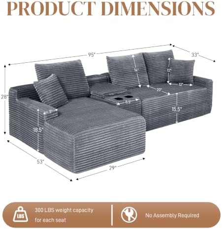95" L Shaped Cloud Couch Modular Sectional Sofa, Comfy Fluffy Corduroy Grey Boneless Sectional Couches for Living Room, Modern Cloud Sofas with Cup Holders & Left Facing Chaise, Grey
