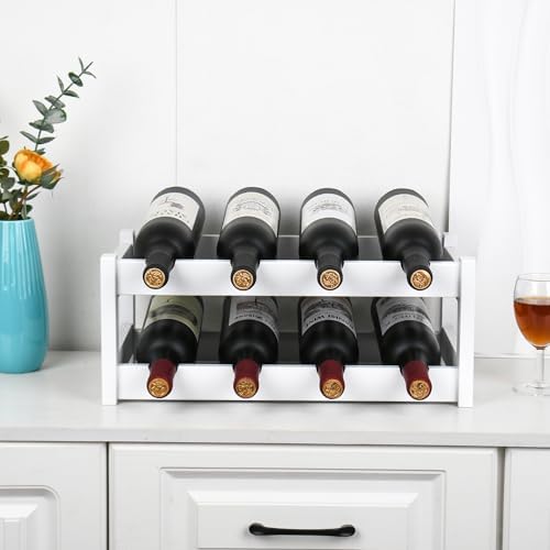 VASMIA Wine Rack, 2-Tier Bamboo Wine Racks Countertop Cabinet Wine Holder Wine Storage Shelf for Pantry Kitchen Bar, White