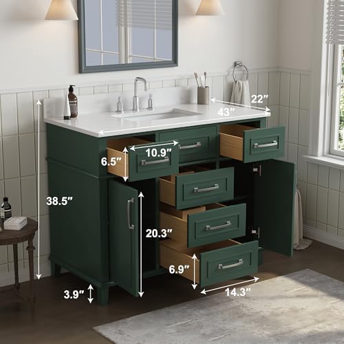 42 Inch Green Bathroom Vanity with Sink, Pre Assembled | Freestanding Solid Wood Bathroom Vanities with 2 Soft Close Doors & 5 Dovetail Drawers, 0.78" Stone Top, Backsplash