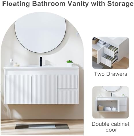 Smhxo Floating Bathroom Vanity with Sink, 40 Inch Wall Mounted Bathroom Vanity with 2 Drawers and Wave-Carved Design Door, Modern Wooden Cabinet with Ceramic Sink and Storage, White