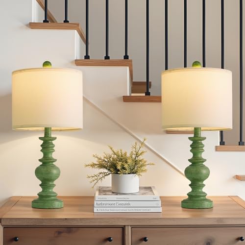 BOBOMOMO 20" Sage Green Table Lamps Set of 2 – Farmhouse Resin Bedside Lamps with Linen Shades, Handcrafted Traditional Rustic Lamp for Bedroom, Living Room, or Corner – Ideal for Small Spaces
