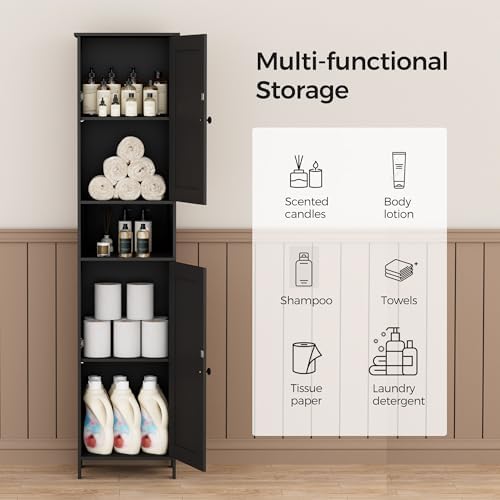 Homleke Tall Bathroom Storage Cabinet with 2 Doors, Slim Bathroom Cabinet | Narrow Storage Cabinet with Adjustable Shelves, Reversible Door, Easy Assembly, for Bathroom, Living Room, Black, 15.7''W