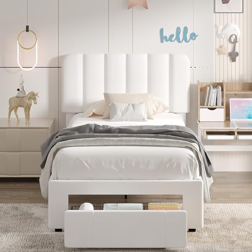 VECELO Twin Size Upholstered Bed Frame with Drawer and Headboard, Velvet Platform Storage Bedframe, Wooden Slats Support, No Box Spring Needed, White