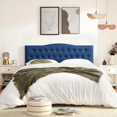Tufted Headboard Full Size, Solid Wood Adjustable Height Head Board, Blue