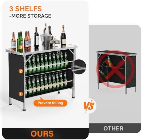 VINGLI 43" Portable Bar Table, 3-Tier Shelves, Mobile Bar Table for Events, Party, Camping, Picnic, Tradeshow, Indoor with Black Skirt (2, 43")