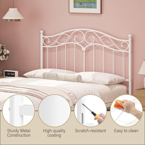 Queen Size Headboard Only, Vintage Metal Headboard for Queen Bed White