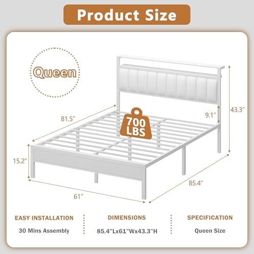 Furnulem White Queen Bed Frame with PU Upholstered Headboard & LED Lights