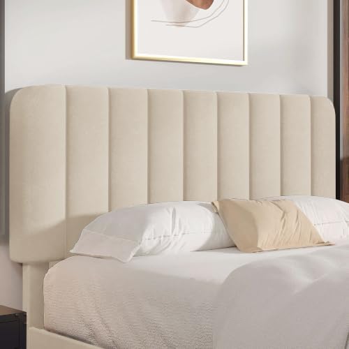 VECELO Queen Size Bed Frame with Upholstered Headboard, Velvet Platform Bedframe Mattress Foundation, Strong Wood Slat Support, No Box Spring Needed,Bone Beige