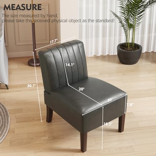 Armless Accent Chairs Upholstered Dining Chairs Living Room Chairs with Solid Wood Legs Leather Reading Chair for Adults Comfy Chair for Bedroom Vanity Kitchen (Grey)