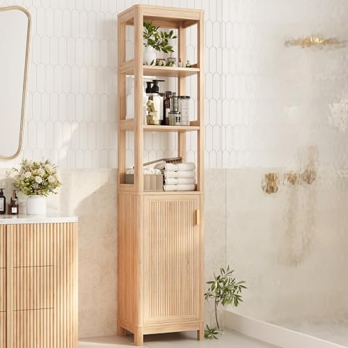 INNOD 68'' Tall Narrow Storage Cabinet with Adjustable Shelf and Door, Bathroom Storage Cabinet, Space Saver for Bathroom, Kitchen, Living Room, Natural Oak