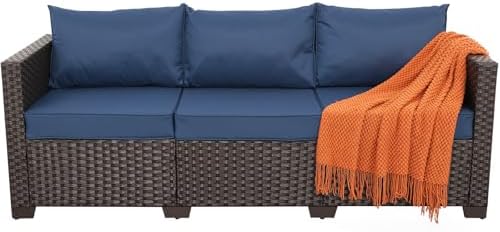 Rattaner 3-Seat Patio Wicker Sofa, Outdoor Rattan Couch Furniture Steel Frame with Furniture Cover and Deep Seat High Back, Blue Anti-Slip Cushion.