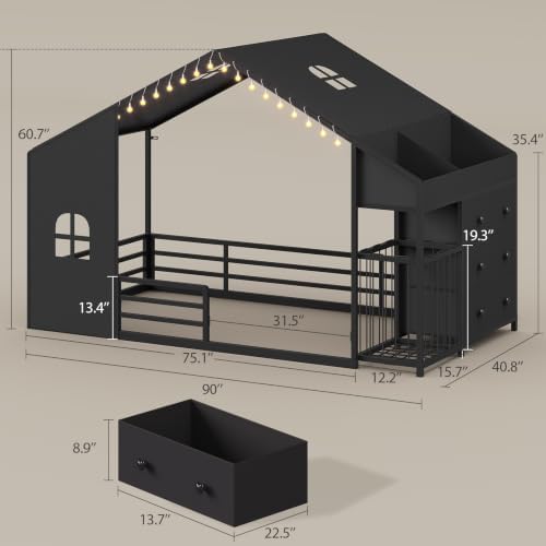 UPOSOJA Montessori Twin Size Floor Bed, House Shape Bed, Tent, Children's Night Light, Toy Storage Cabinets, Drawer, Picture Book Section for Kids Teens Girls Boys