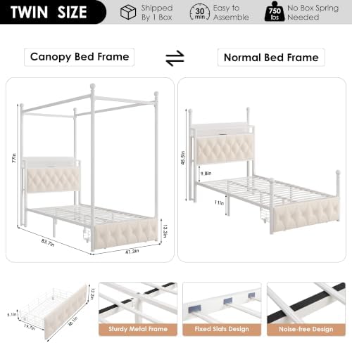 HIFIT Twin Size LED Canopy Bed Frame with Storage & Charging Station, Beige